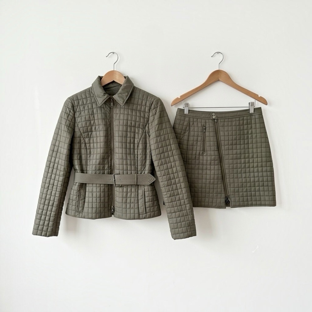 Worth New York Quilted Jacket Skirt Set Size 4 Belted Zip Front Olive Green
